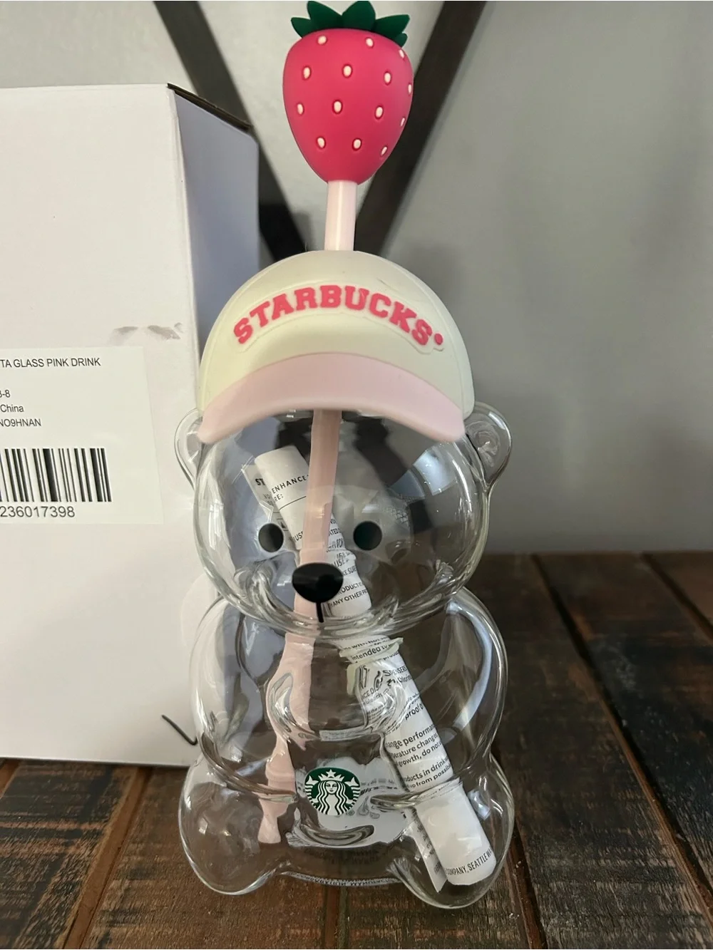 Starbucks Glass Bearista Cold Cup Pink Edition With Strawberry Topper NEW